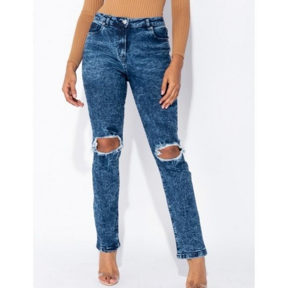 Blue Acid Wash High Waist Ripped Distressed Straight Leg Jeans Denim - Picture 7 of 13